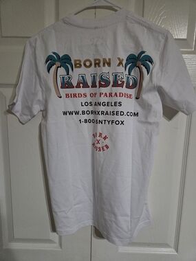 BORN X RAISED White Tee with Teal & Gold Palm Graphic